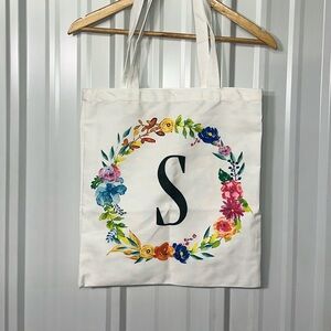 Reusable Monogram Letter S Canvas Shopping Tote Bag Women Floral Design Travel
